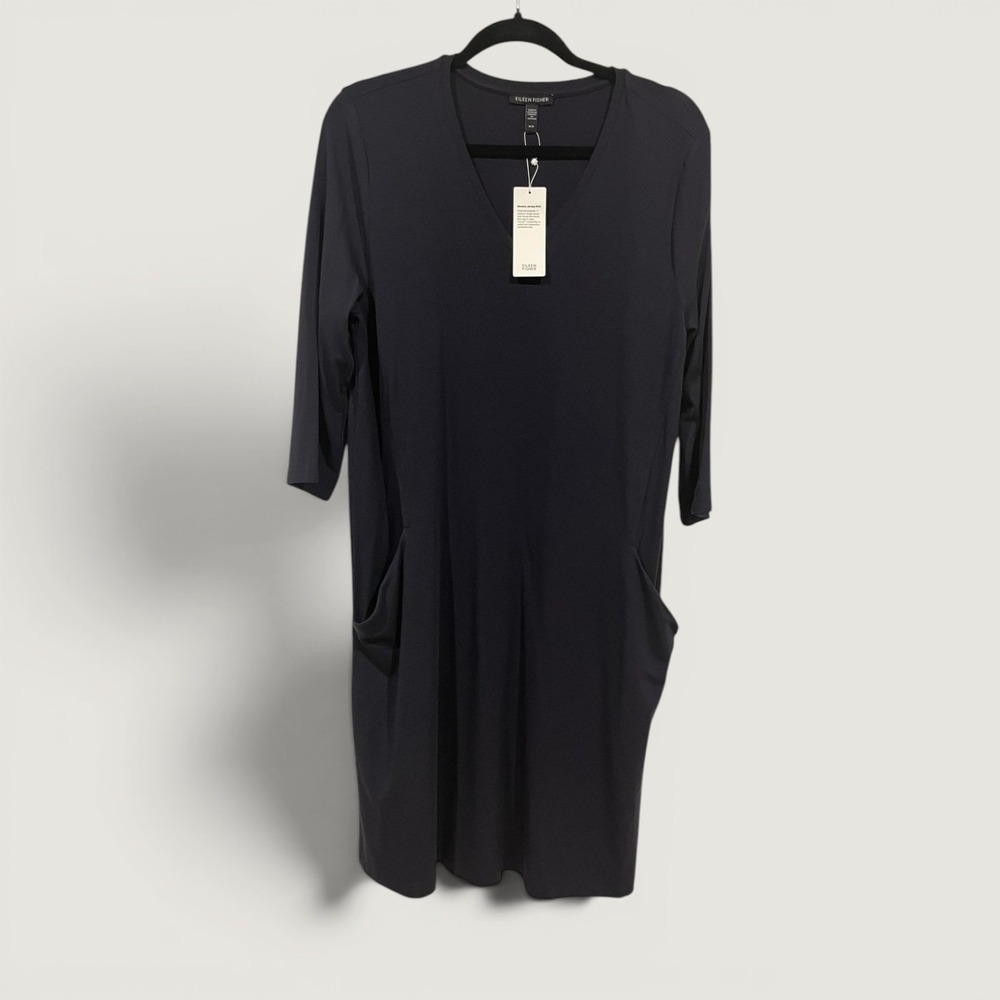 Eileen Fisher Dress Womens Medium Blue Stretch Jersey V Neck Shift Pockets